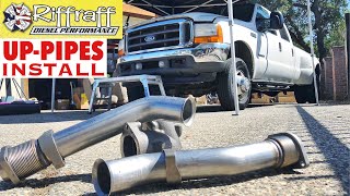 2001 F350 73  RiffRaff UpPipes Install  Stock up pipes leaking and falling apart JUNK SP [upl. by Earaj36]